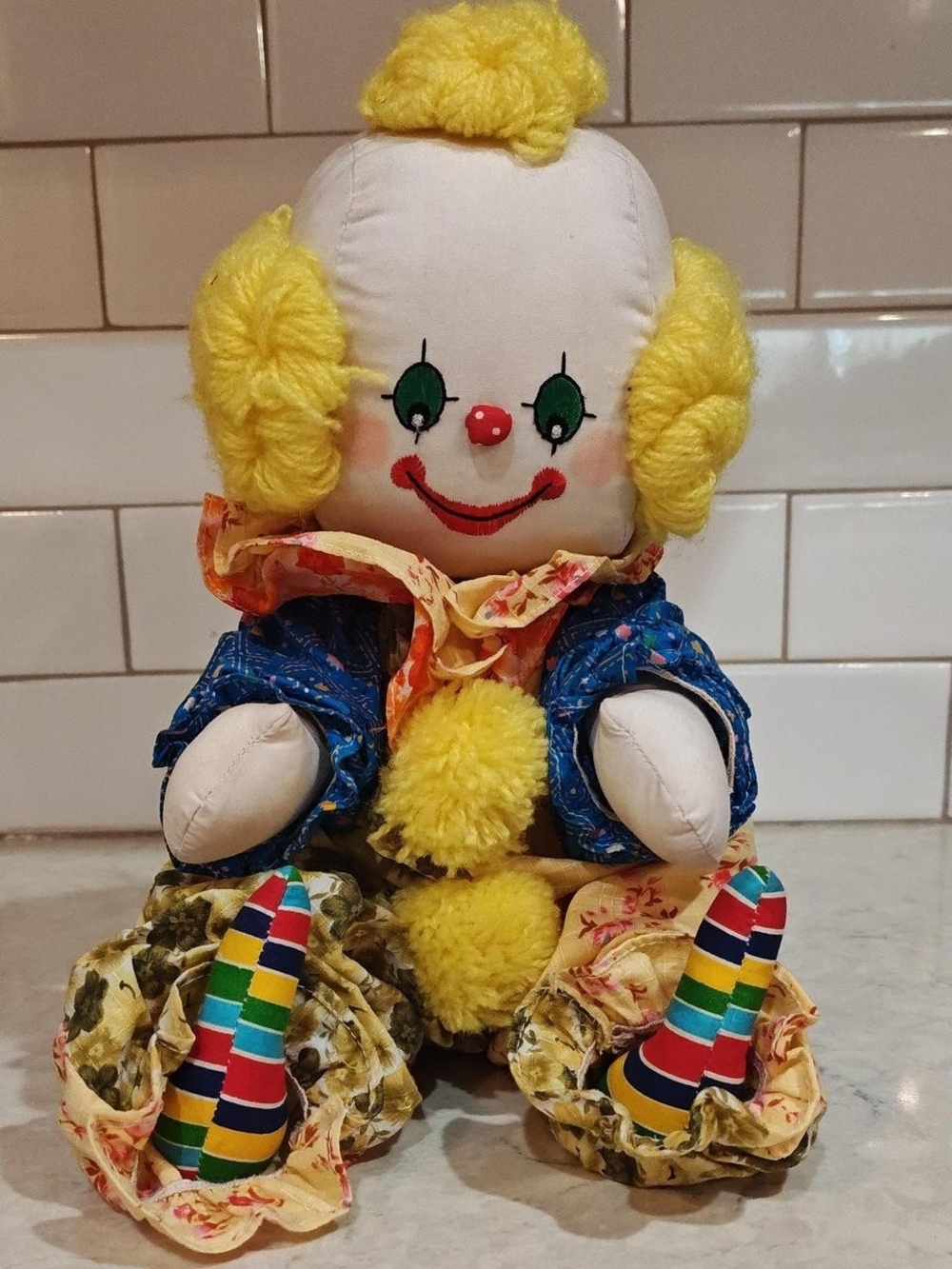 Vintage Katy-Bek Kreations 🤡 Clown Doll Yellow Floral Jointed Stuffed Toy